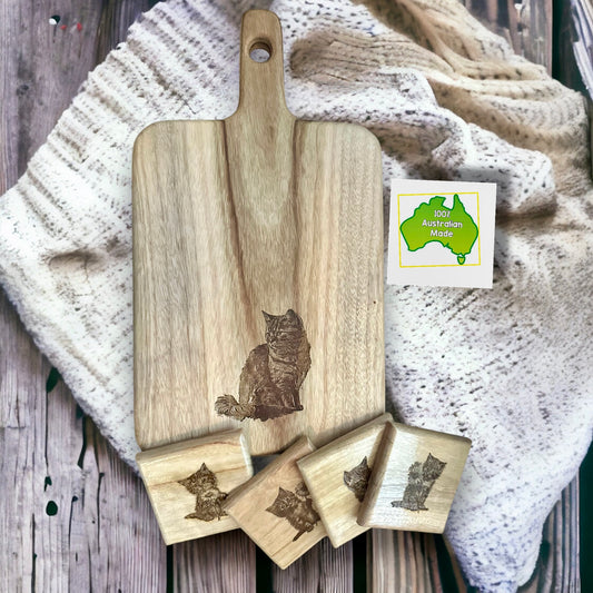 Engraved Cat & Kittens Board & Coaster Set - Various Sizes