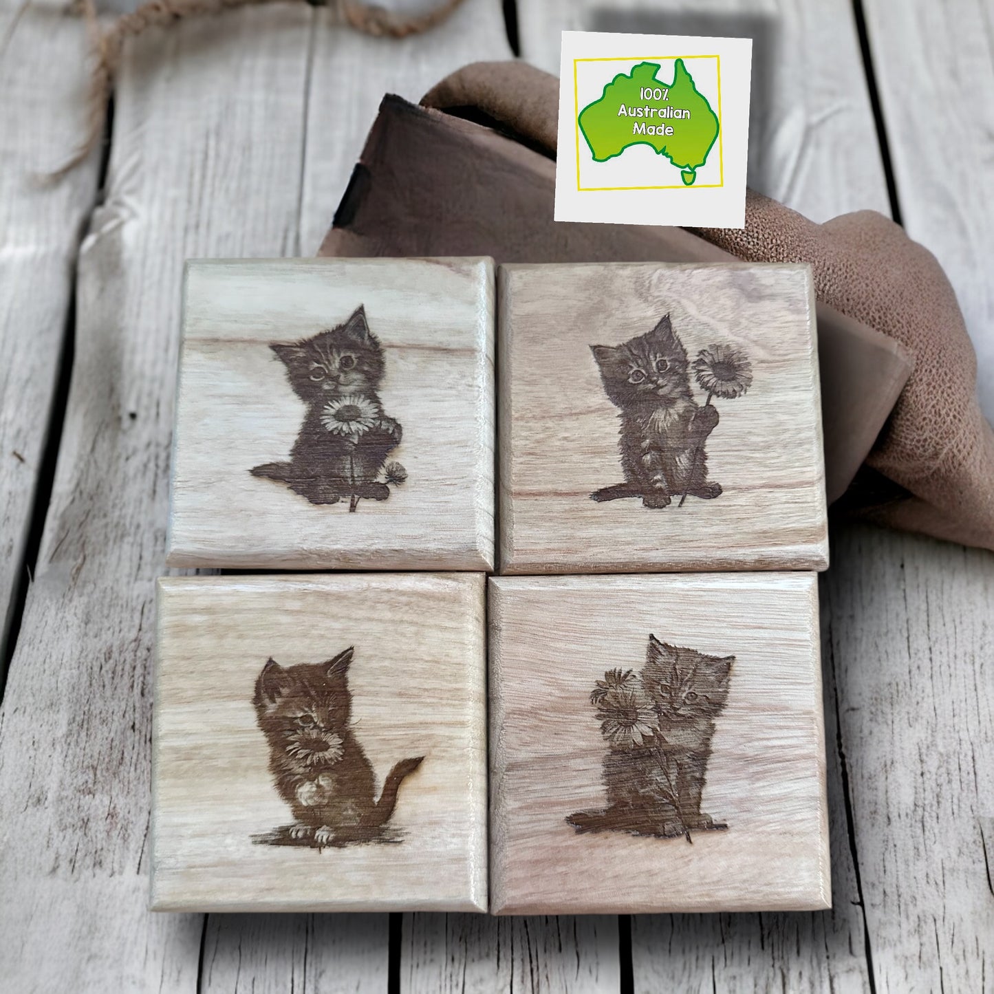 Engraved Cat & Kittens Board & Coaster Set - Various Sizes