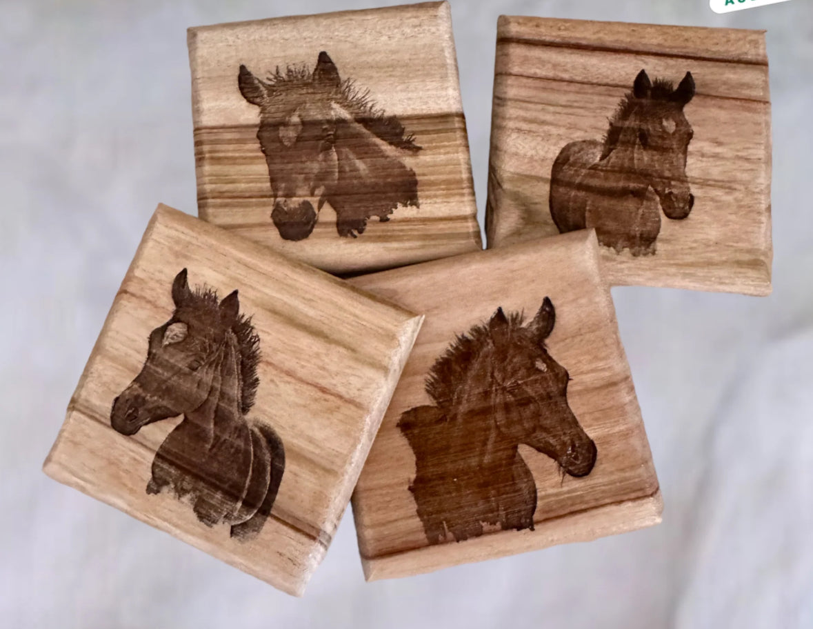 Engraved Mare & Foal Cheeseboard & Coaster Set - Various Sizes