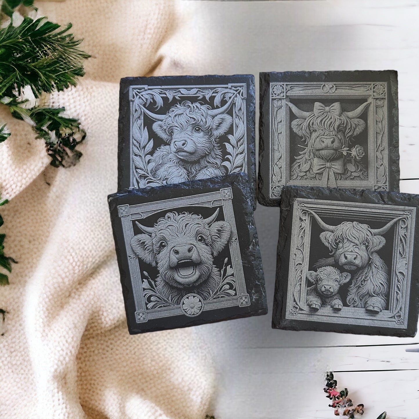 Highland Cow Slate Coaster Set