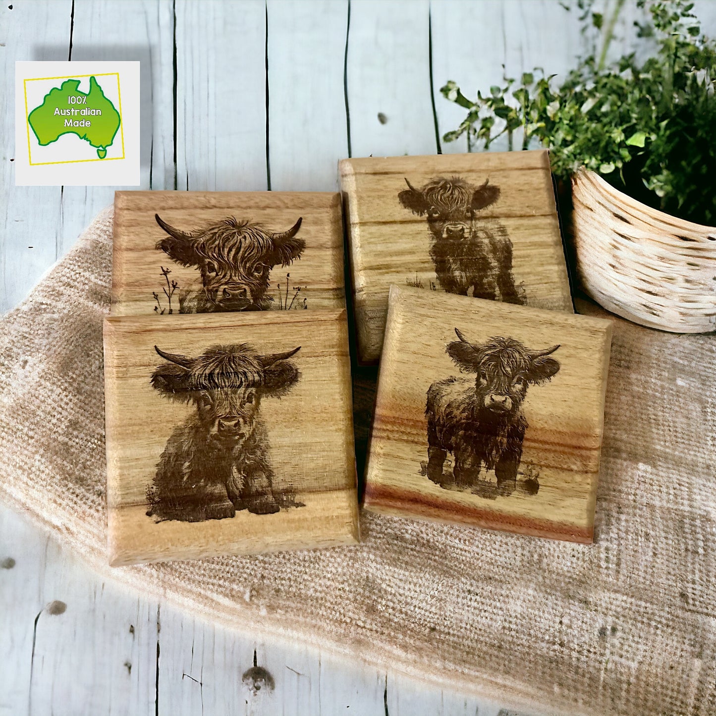 Highland Cow Engraved Board & Coaster Box Set (Various Sizes)