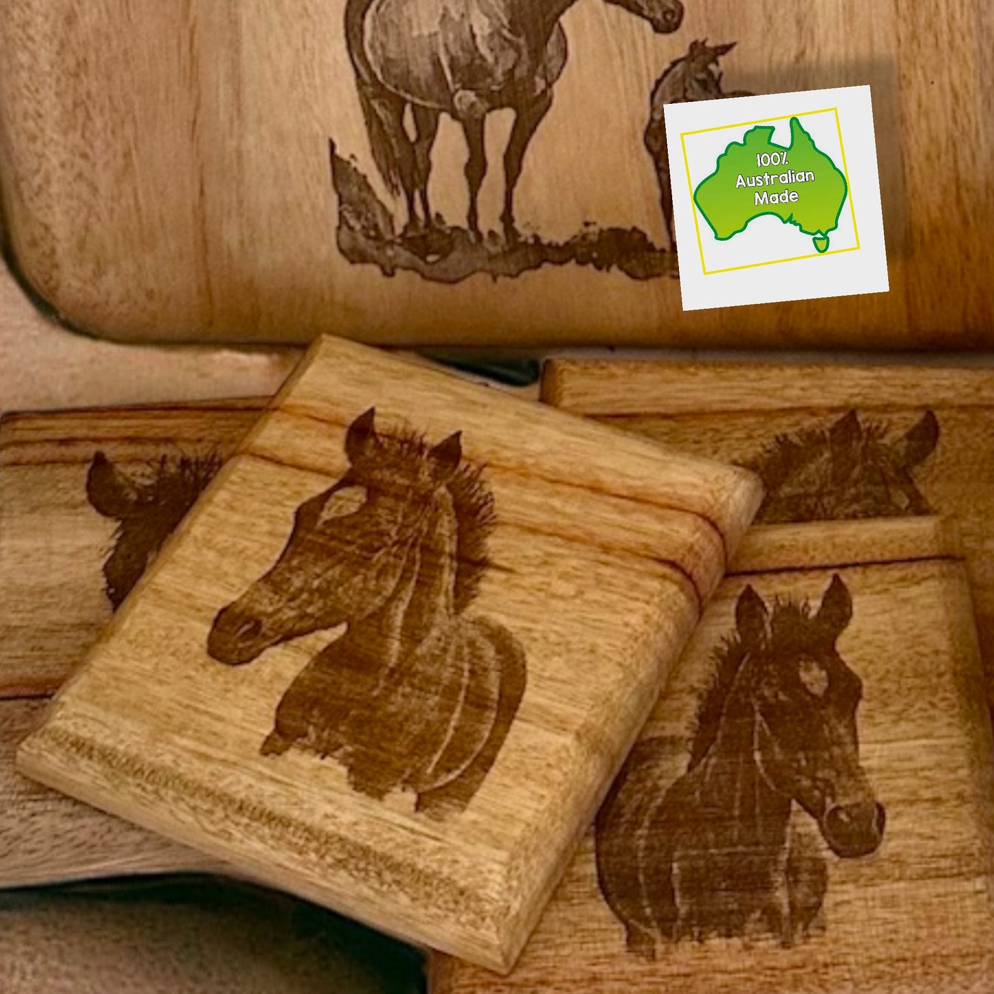 Engraved Mare & Foal Cheeseboard & Coaster Set - Various Sizes