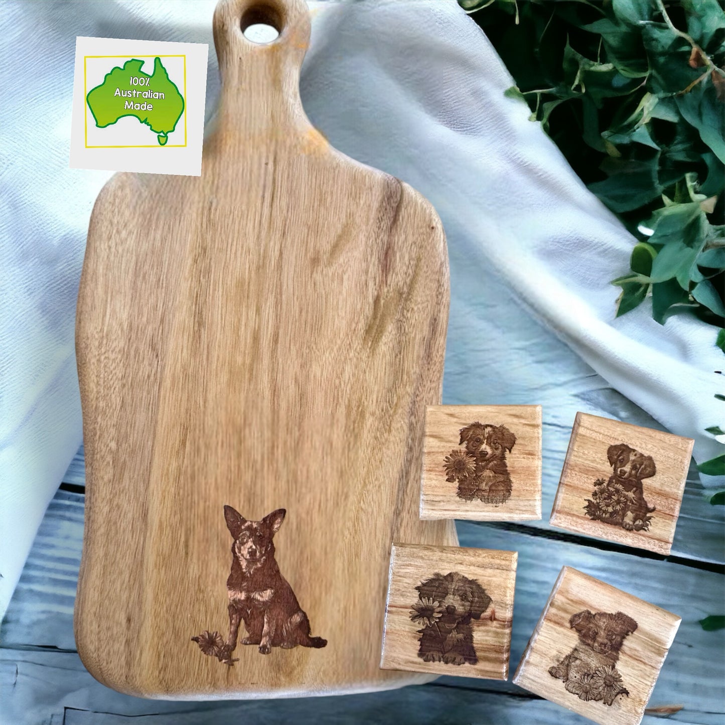 Engraved Working Dog & Puppies Board & Coaster Set - Various Sizes