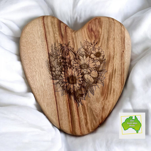 Heart Shaped Camphor Laurel Engraved Cheeseboard