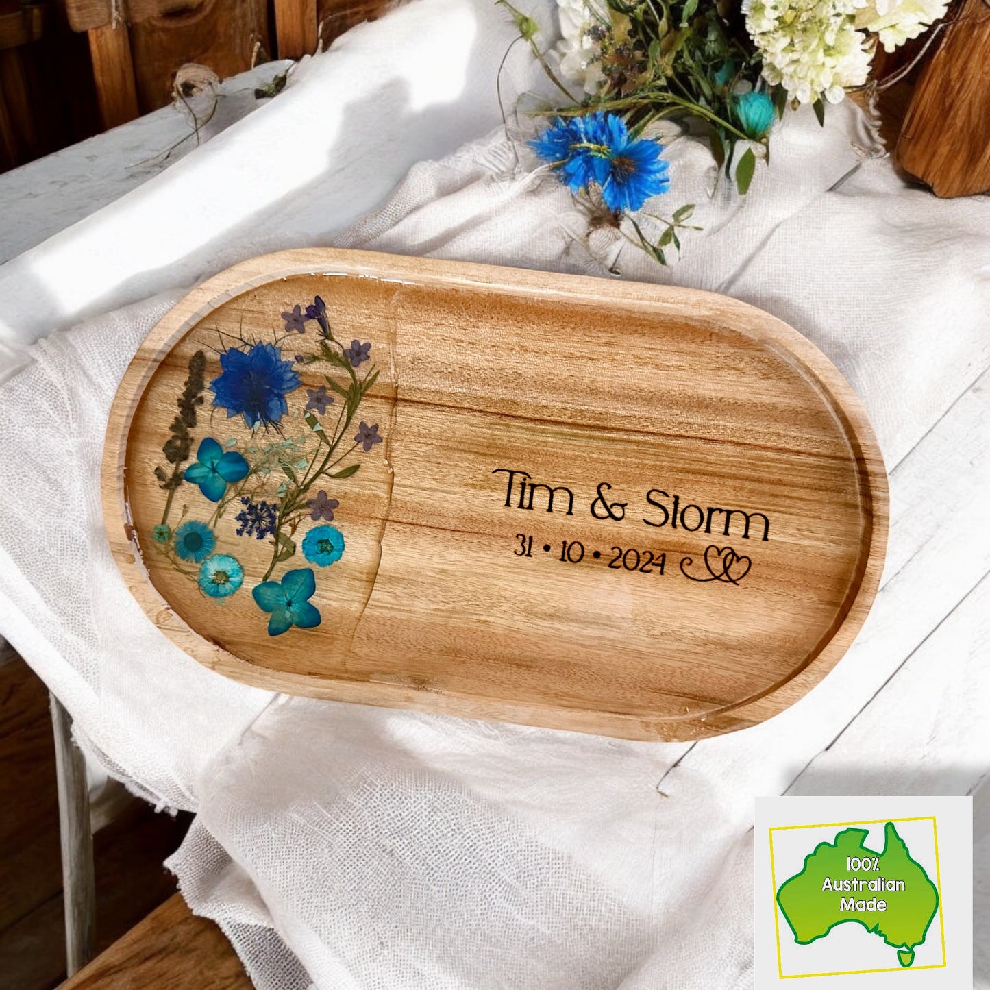 Blue Flower Tray & Bowl Personalised Set