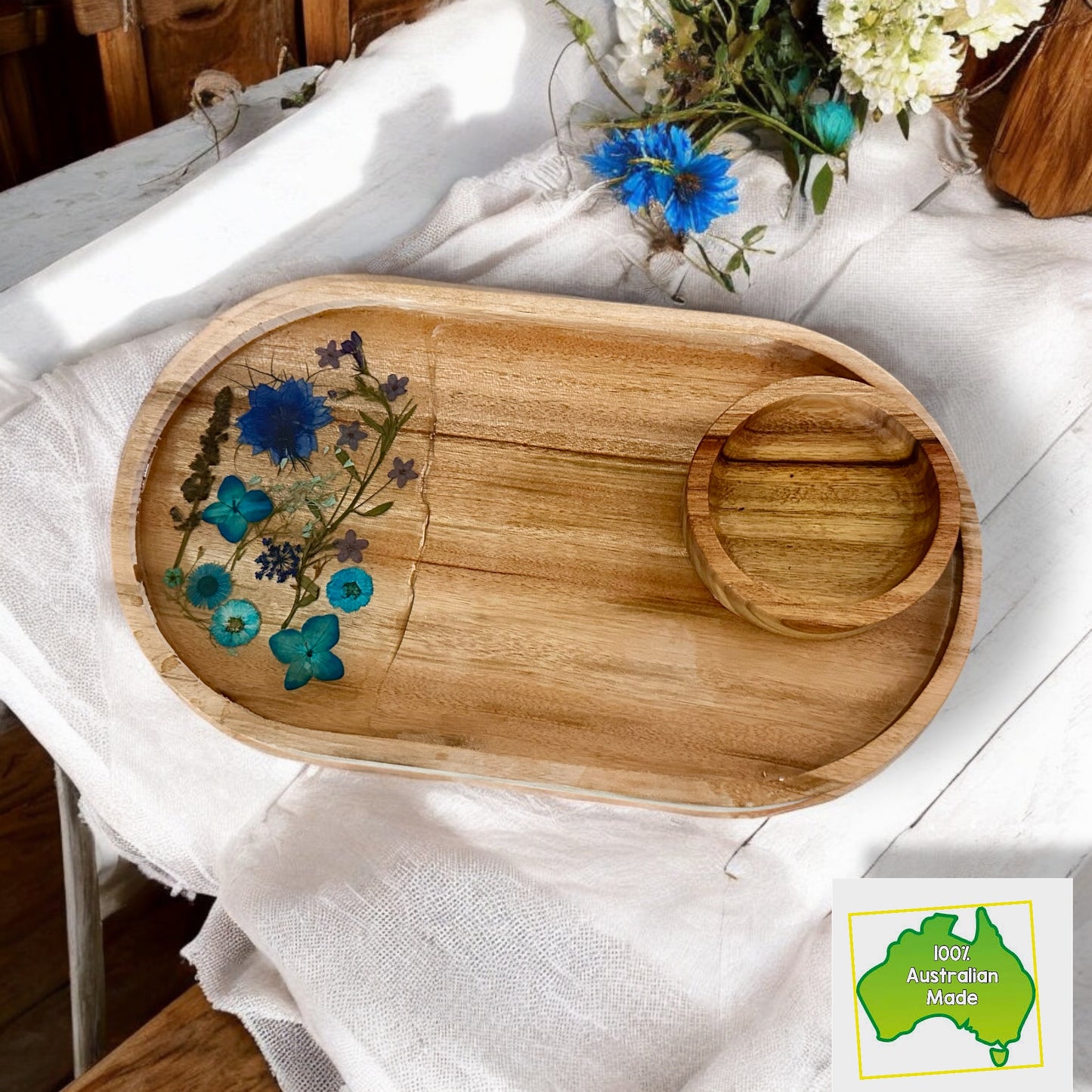 Blue Flower Tray & Bowl Personalised Set