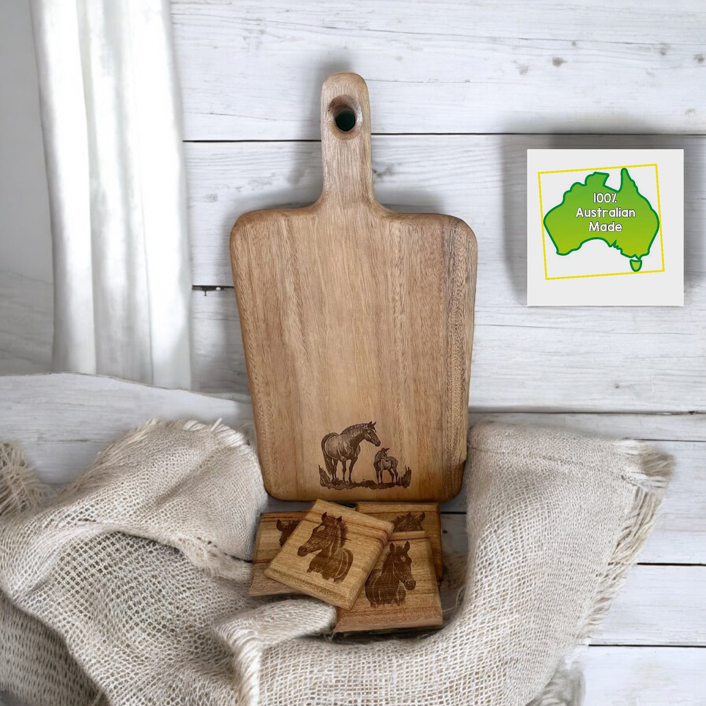 Engraved Mare & Foal Cheeseboard & Coaster Set - Various Sizes