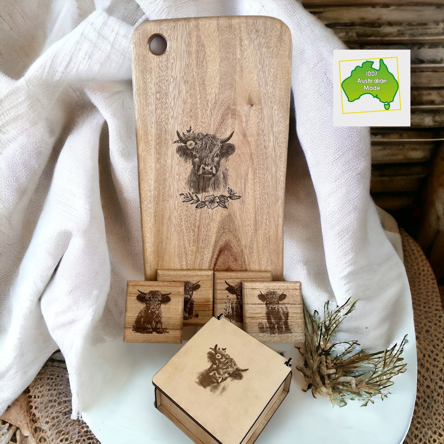 Highland Cow Engraved Board & Coaster Box Set (Various Sizes)