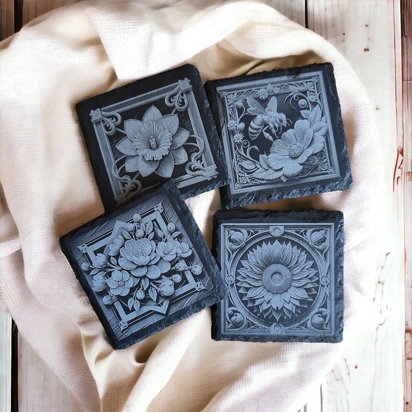 Flower Slate Coaster Set