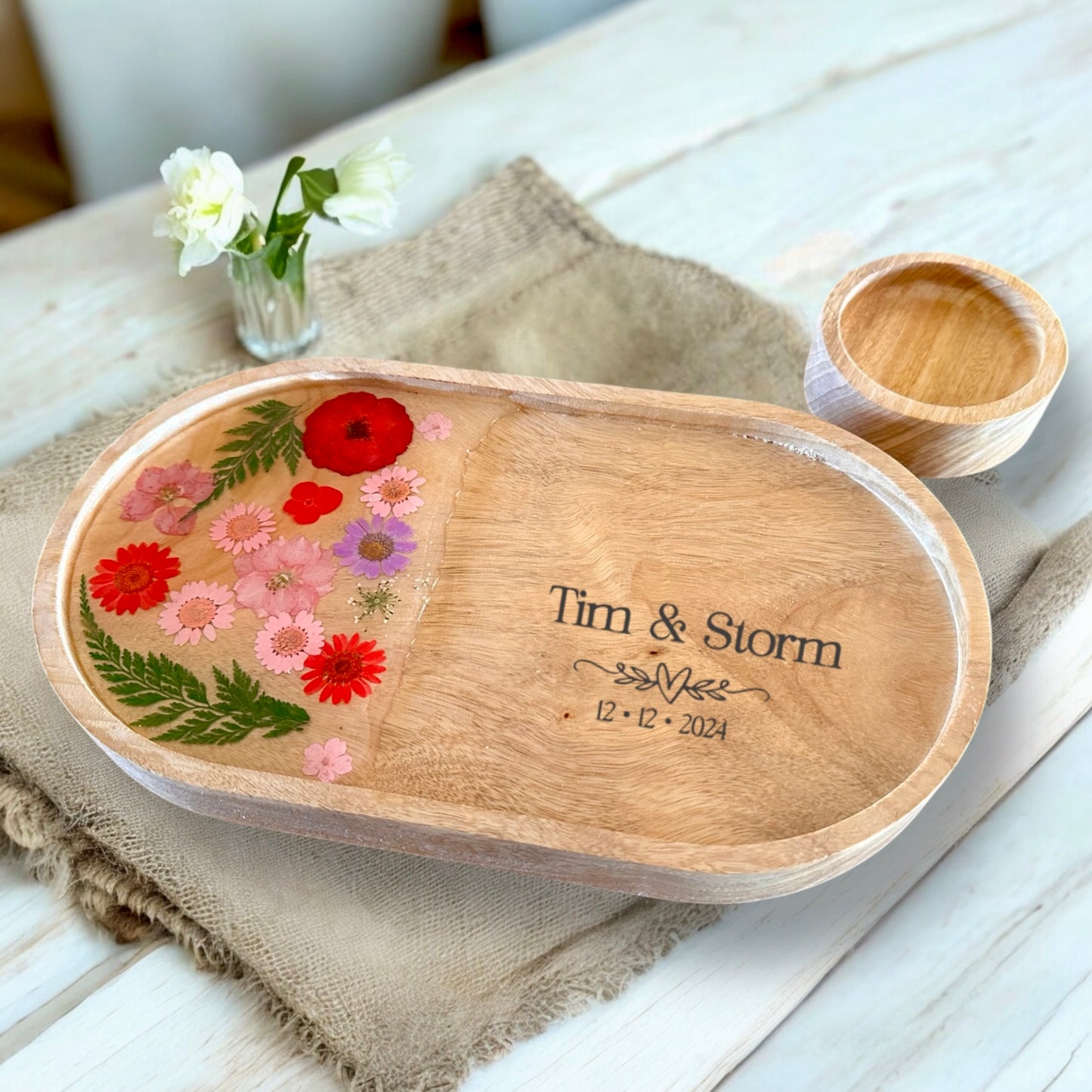 Red Flower Tray & Bowl Personalised Set