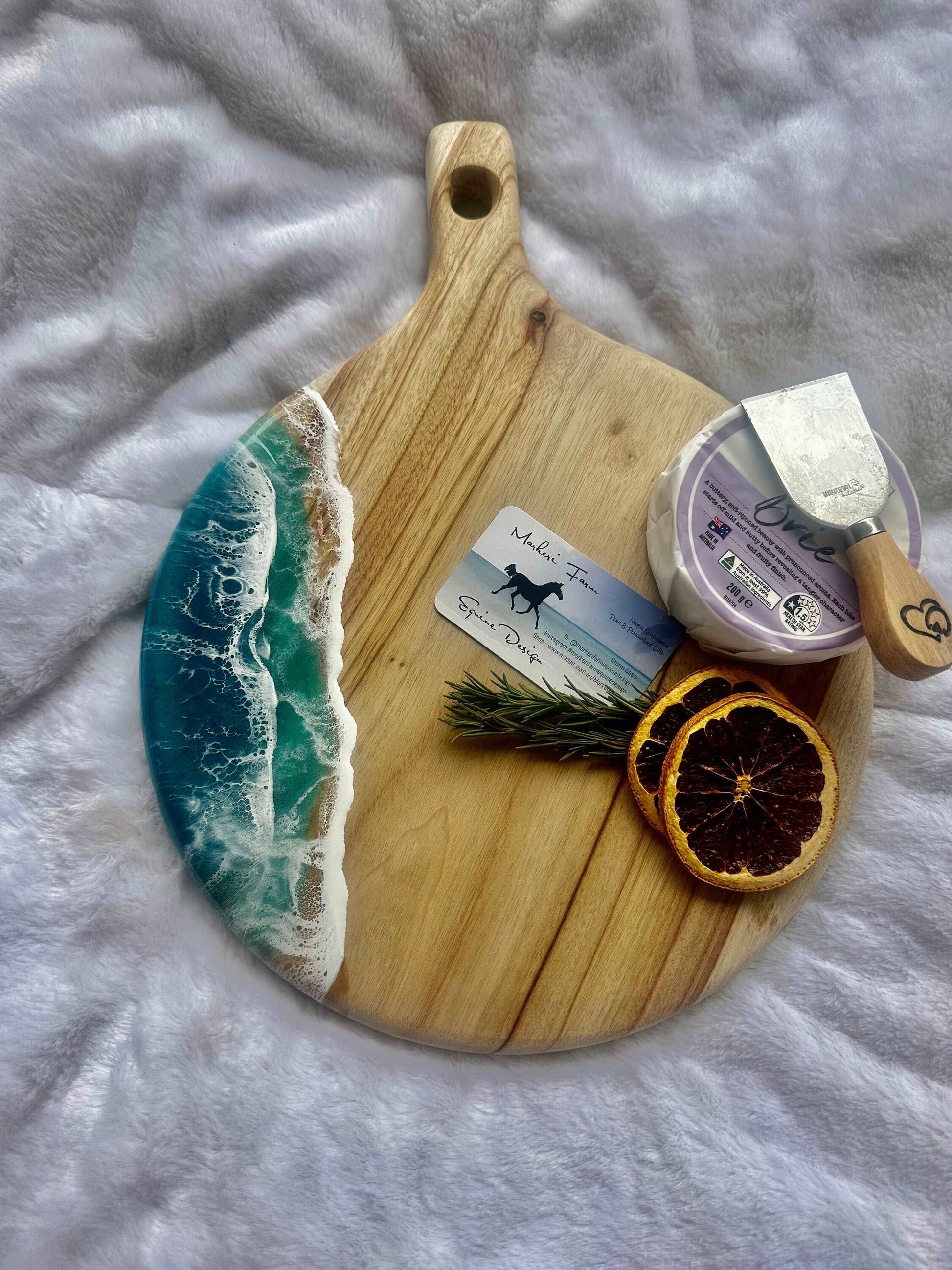 Turquoise  Ocean Resin personalised round Cheese Board