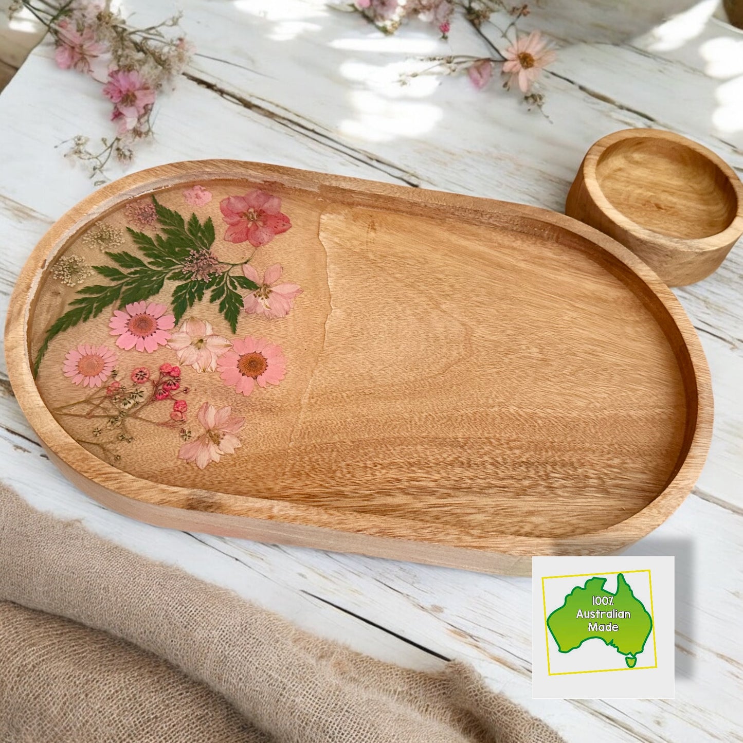 Pink Flower Tray & Bowl Personalised Set